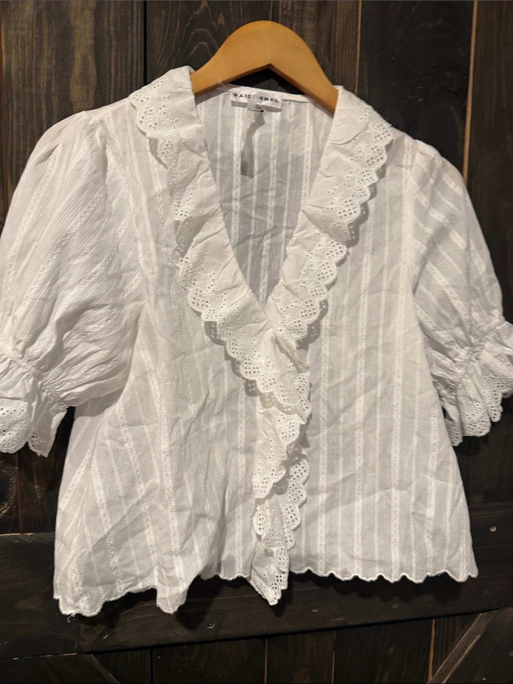 White Eyelet Ruffle Blouse by Clare V - Women's Short Sleeve Top